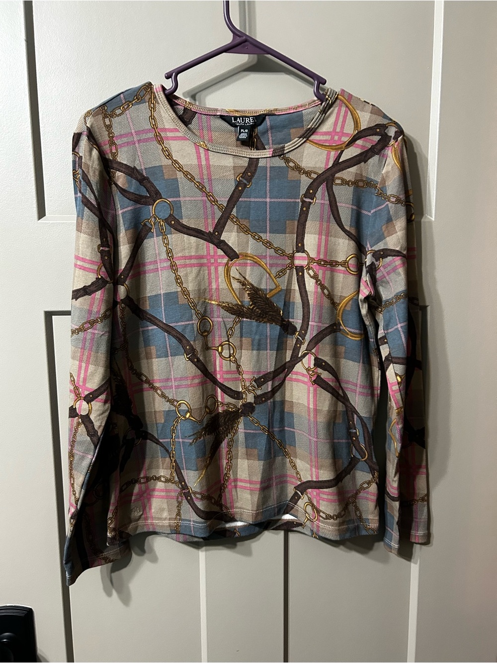 LAUREN Ralph Lauren black label Plaid equestrian stirrup iron gold chains